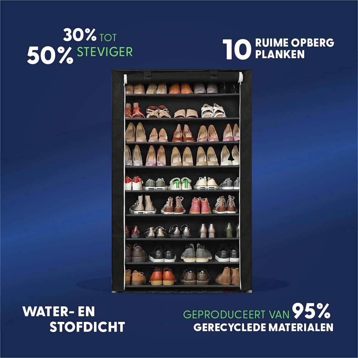 LG Life's Green Opvouwbare Schoenenkast - Schoenenopslag met 10 legplanken - Opbergkast - Stoffen Kledingkast - 80KG Draagvermogen - Zwart - 100 x 28 x 164 cm
