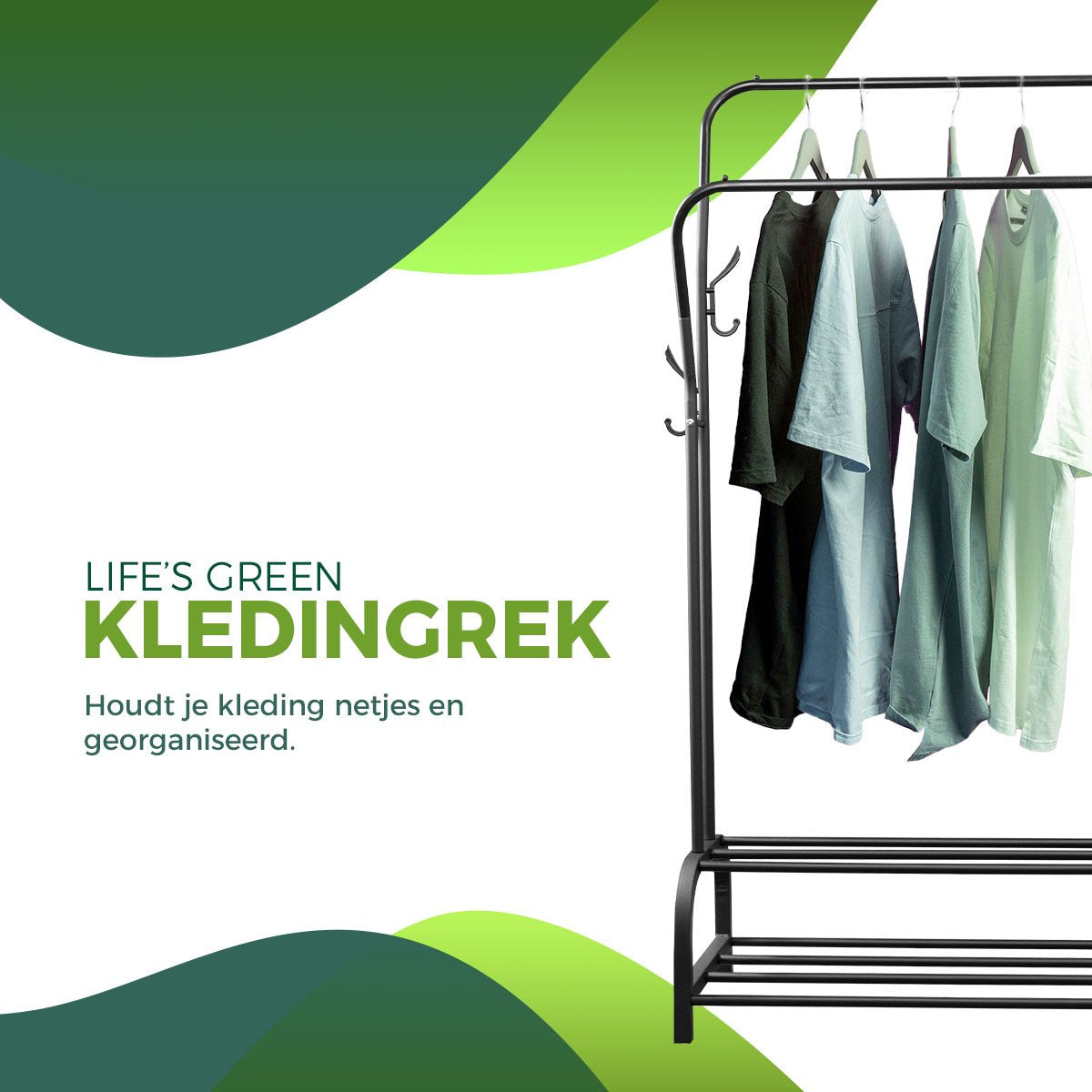 LG Life’s Green XL Kledingrek - Dressboy – Zwart – Metaal – Garderoberek met ophanghaken – H146xB110xD35 cm