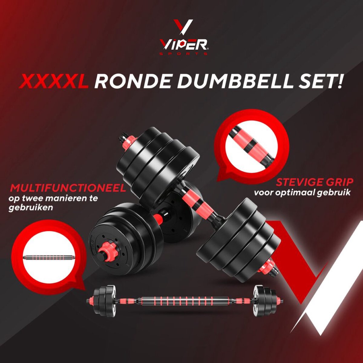 Viper Sports Verstelbare Dumbbell set tot 30kg - Halterset 2x15kg – 2-in-1 Gewichten – Home Gym - Krachttraining – Dumbbells - Rood