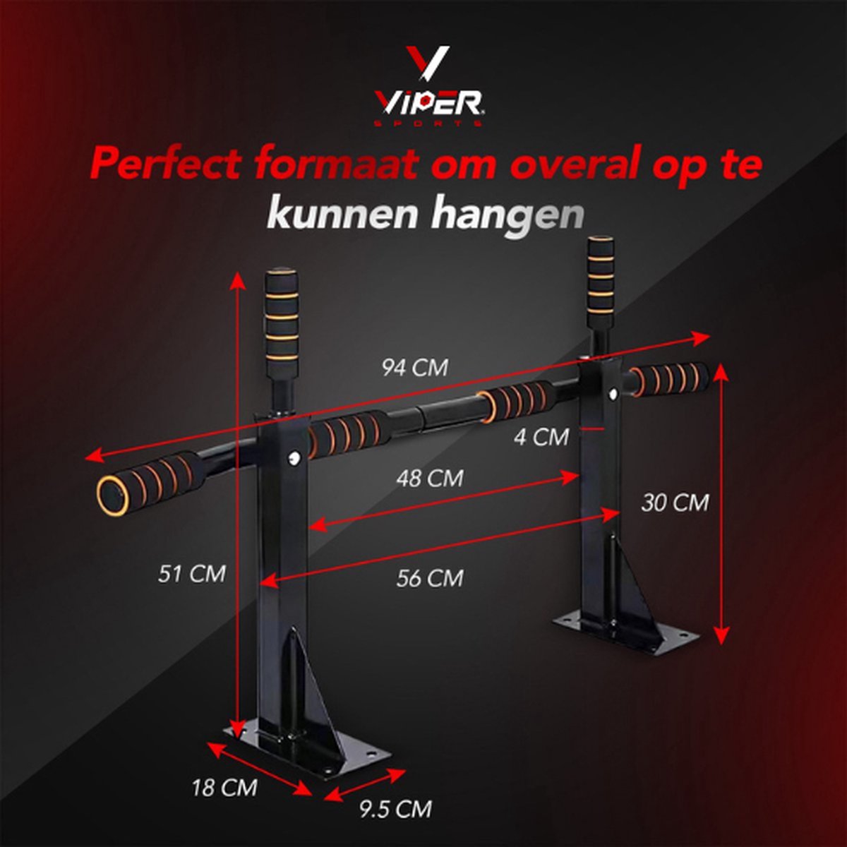 Viper Sports Pull up Bar - L92xB50xH8 cm – Optrekstang – Ruimtebesparend Pull Up Station - Antislip - Eenvoudige Bevestiging - Thuis sporten – Zwart/Rood