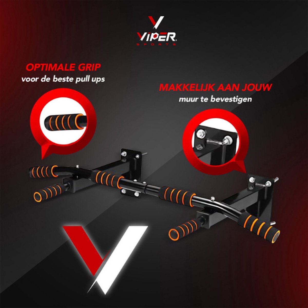 Viper Sports Pull up Bar - L92xB50xH8 cm – Optrekstang – Ruimtebesparend Pull Up Station - Antislip - Eenvoudige Bevestiging - Thuis sporten – Zwart/Rood