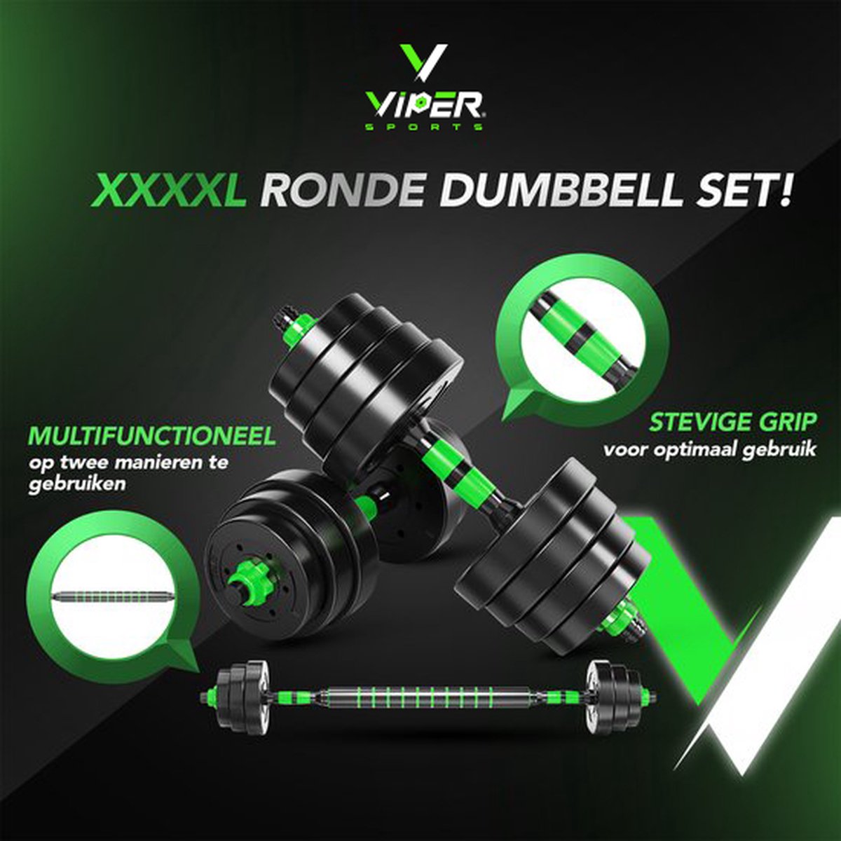 Viper Sports Verstelbare Dumbbell Set tot 30kg – Halterset – 2-in-1 Gewichten – Gebruiksvriendelijke Fitness Stang – Home Gym – Krachttraining – Dumbbells - Groen