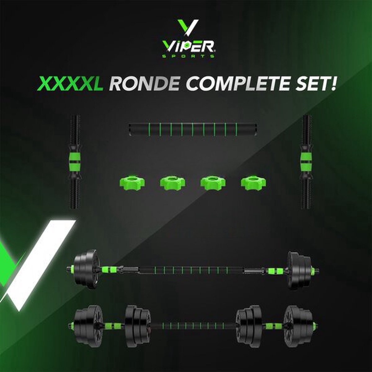 Viper Sports Verstelbare Dumbbell Set tot 30kg – Halterset – 2-in-1 Gewichten – Gebruiksvriendelijke Fitness Stang – Home Gym – Krachttraining – Dumbbells - Groen