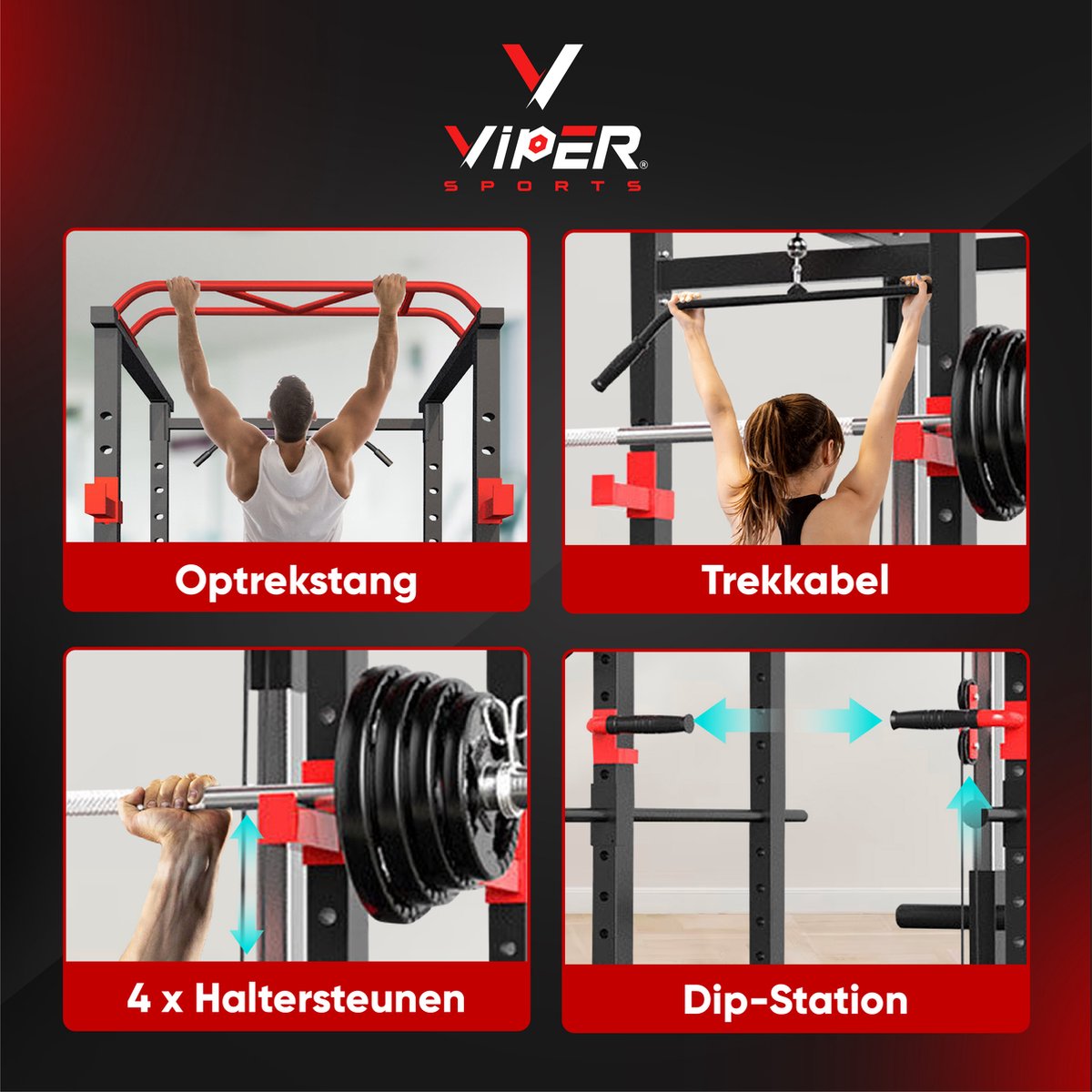 Viper Sports Extreme Power Station - Multifunctional Training Rack - W110.5xL125.5xH206 cm - Power Tower - Strength Training Equipment - Non-slip Handles - Squat Rack - Black/Red
