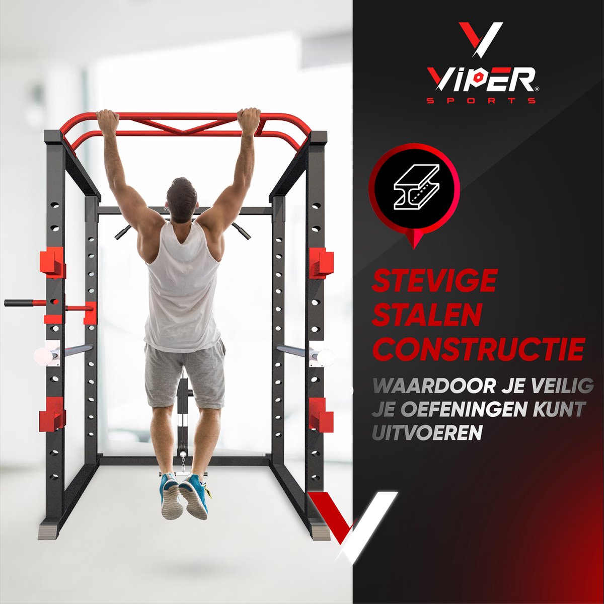 Viper Sports Extreme Power Station - Multifunctional Training Rack - W110.5xL125.5xH206 cm - Power Tower - Strength Training Equipment - Non-slip Handles - Squat Rack - Black/Red