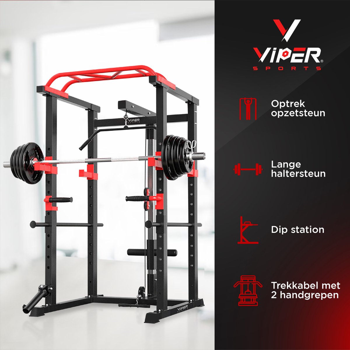 Viper Sports Extreme Power Station - Multifunctional Training Rack - W110.5xL125.5xH206 cm - Power Tower - Strength Training Equipment - Non-slip Handles - Squat Rack - Black/Red