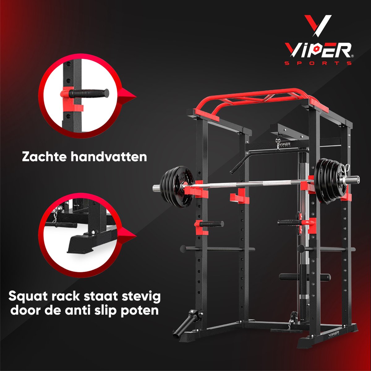 Viper Sports Extreme Power Station - Multifunctional Training Rack - W110.5xL125.5xH206 cm - Power Tower - Strength Training Equipment - Non-slip Handles - Squat Rack - Black/Red