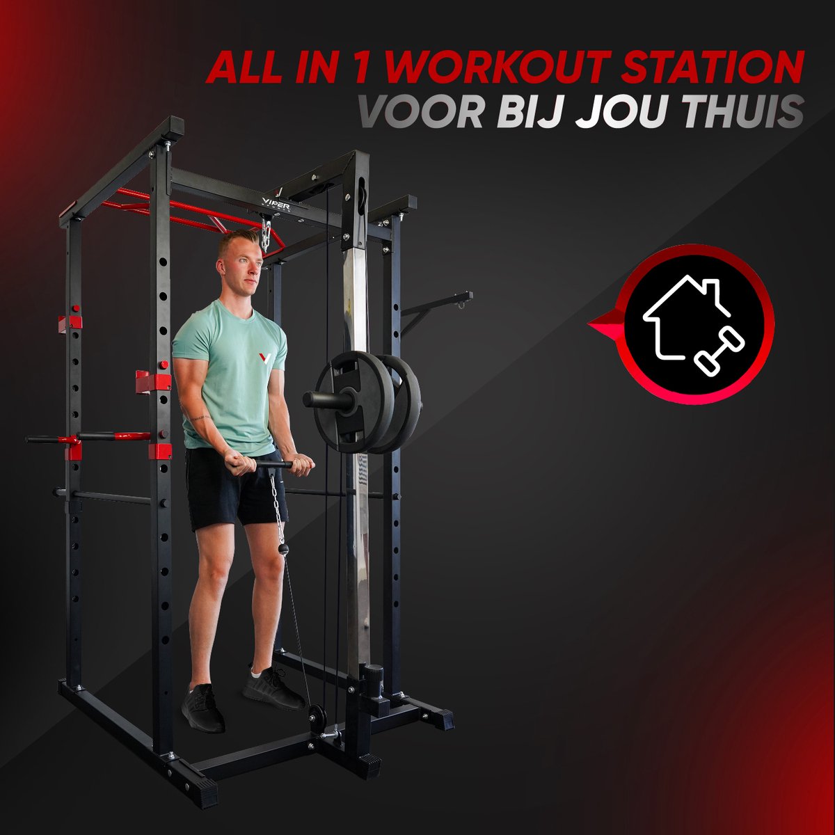 Viper Sports Extreme Power Station - Multifunctional Training Rack - W110.5xL125.5xH206 cm - Power Tower - Strength Training Equipment - Non-slip Handles - Squat Rack - Black/Red