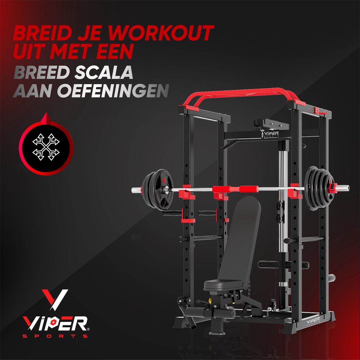 Viper Sports Extreme Power Station - Multifunctional Training Rack - W110.5xL125.5xH206 cm - Power Tower - Strength Training Equipment - Non-slip Handles - Squat Rack - Black/Red