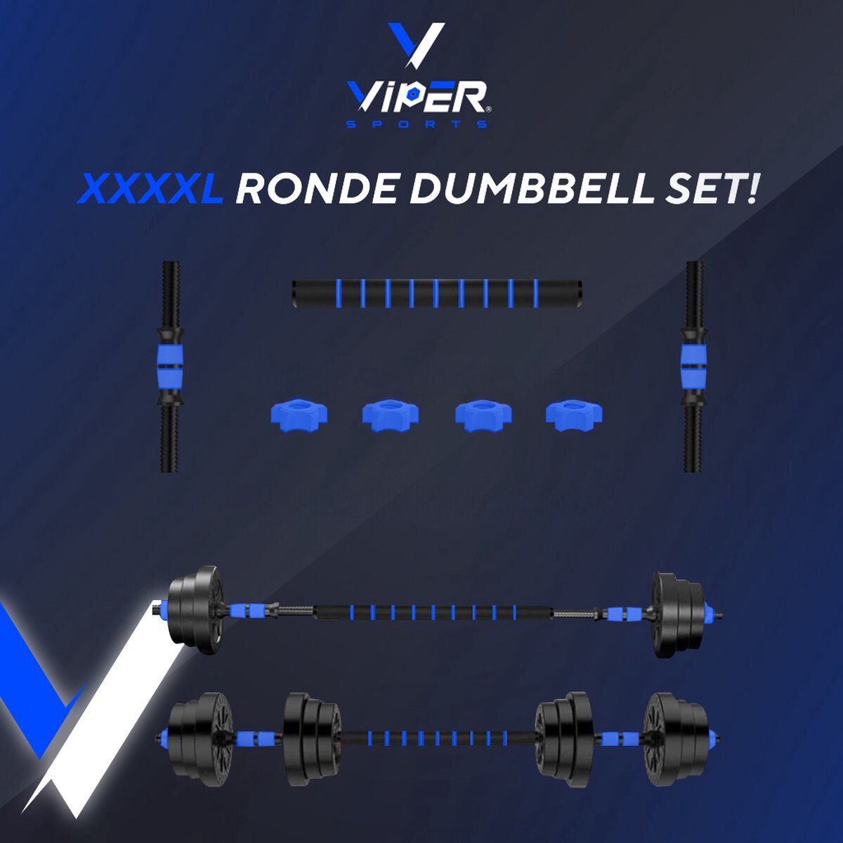 Viper Sports verstelbare dumbbell set tot 40 kg – Halterset – Professionele 2-in-1 Halterset met gewichten – Krachttraining – Gebruiksvriendelijke Fitness Halterstang – Dumbbell - Blauw