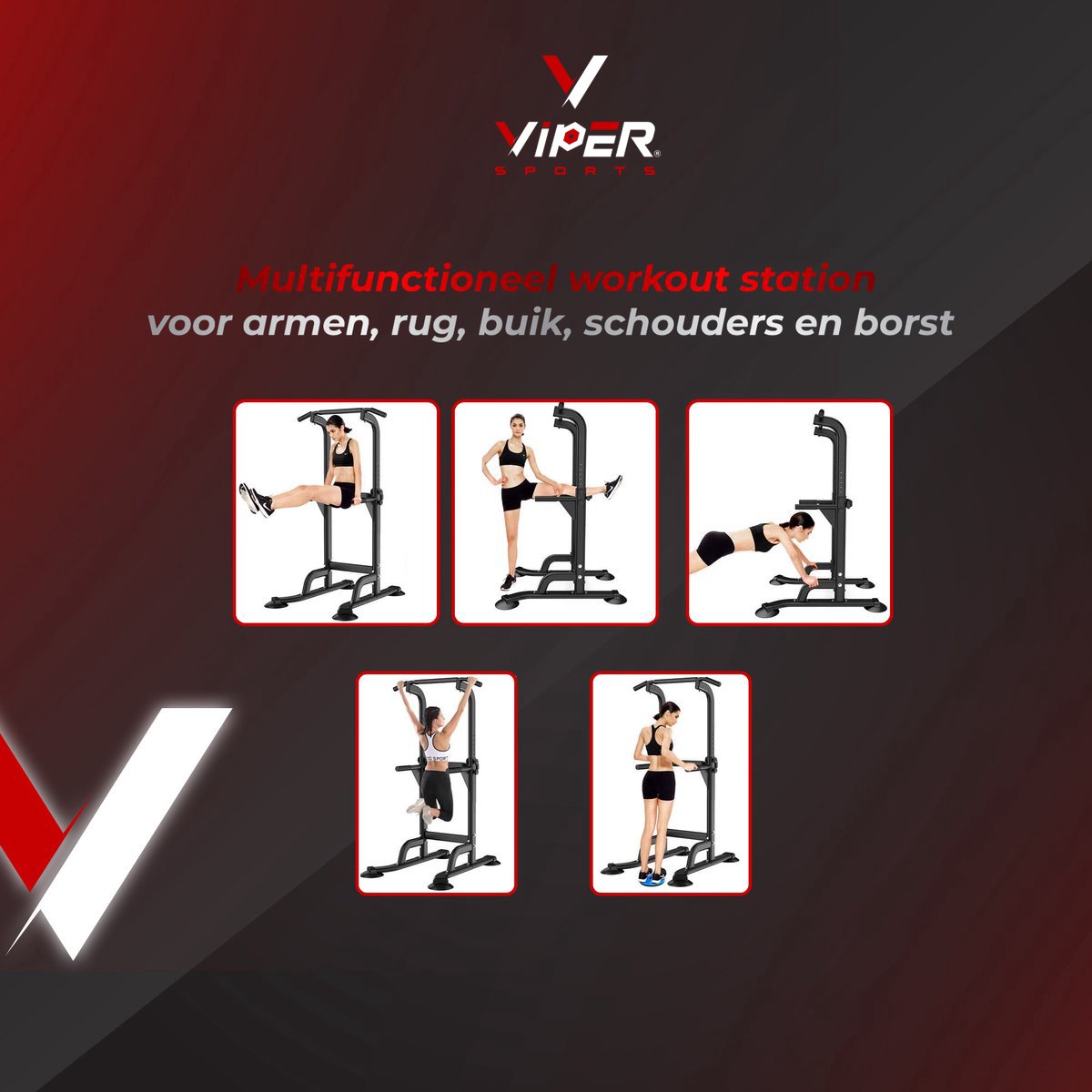 Viper Sports Krachtstation – Multifunctioneel trainingsrek – Power tower met optrekstang – Fitness apparaat voor thuis – Krachttraining – Antislip handvatten – Sportapparatuur – In hoogte verstelbaar – B75xL82xH165-210 cm – Zwart