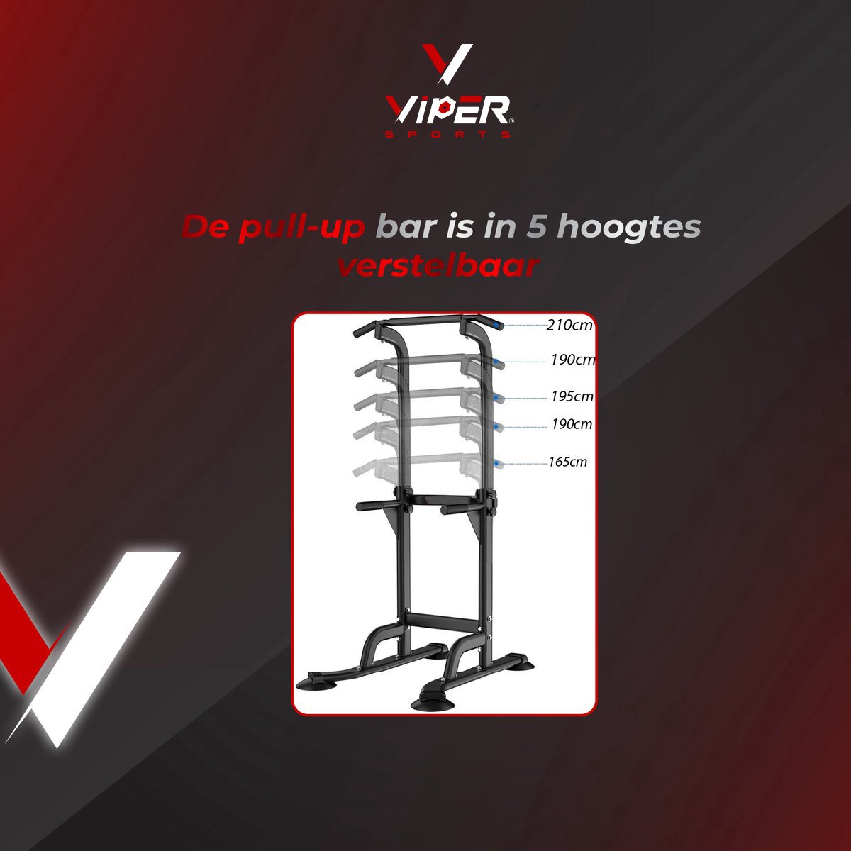 Viper Sports Krachtstation – Multifunctioneel trainingsrek – Power tower met optrekstang – Fitness apparaat voor thuis – Krachttraining – Antislip handvatten – Sportapparatuur – In hoogte verstelbaar – B75xL82xH165-210 cm – Zwart