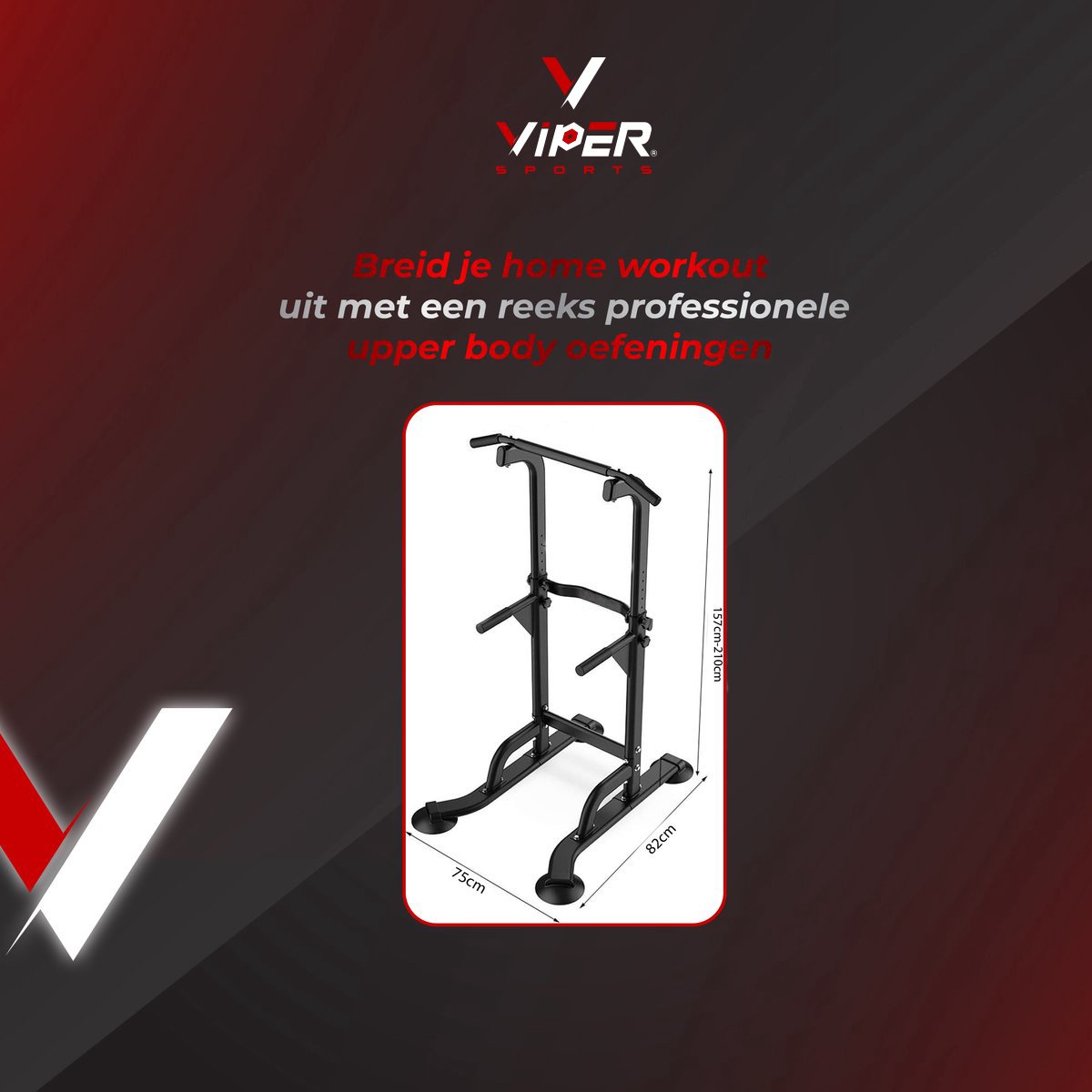 Viper Sports Krachtstation – Multifunctioneel trainingsrek – Power tower met optrekstang – Fitness apparaat voor thuis – Krachttraining – Antislip handvatten – Sportapparatuur – In hoogte verstelbaar – B75xL82xH165-210 cm – Zwart