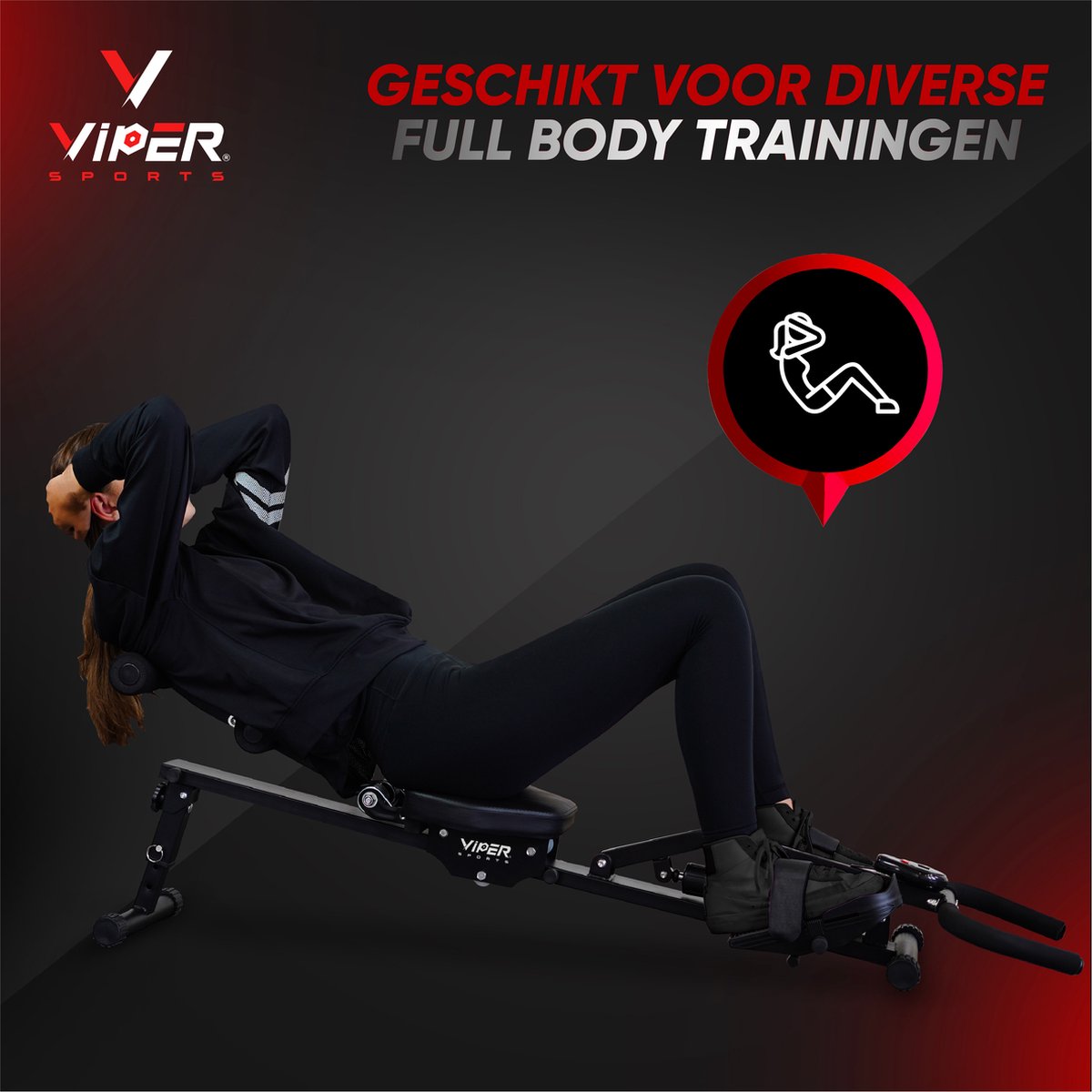 Viper Sports Valkyrie – Roeitrainer – Roeimachine – Hydraulische weerstand – 126 x 46 x 82 cm - Zwart