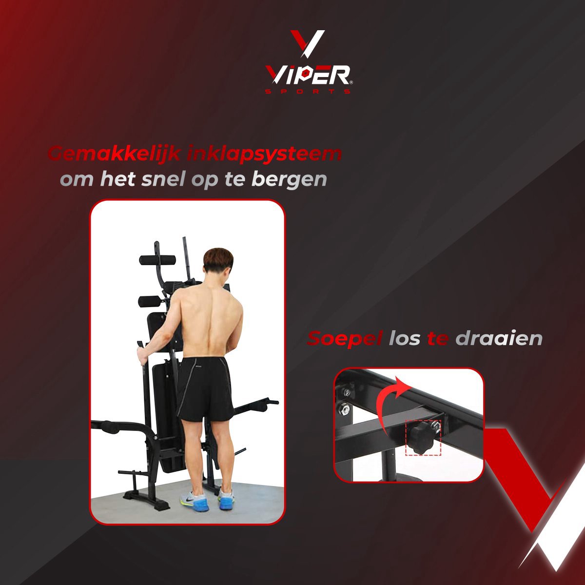 Viper Sports halterbank – Fitnessbank – Verstelbare rugleuning – Uiterst geschikt voor gewichten – Incl. Beenhouder – Zachte handgrepen – PU kussens – Triangel structuur – Inklapbaar - Zwart - 182x116x112cm