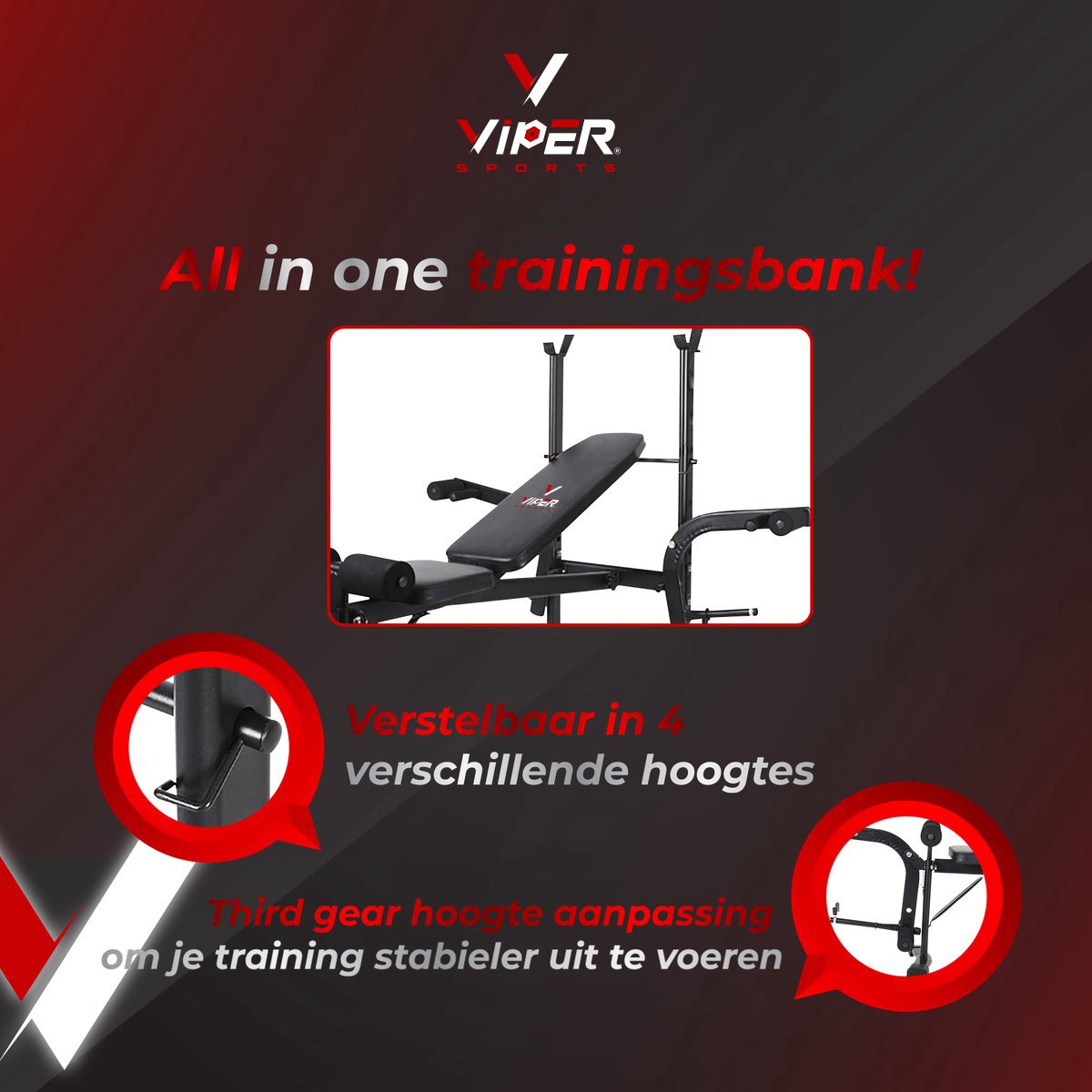 Viper Sports halterbank – Fitnessbank – Verstelbare rugleuning – Uiterst geschikt voor gewichten – Incl. Beenhouder – Zachte handgrepen – PU kussens – Triangel structuur – Inklapbaar - Zwart - 182x116x112cm
