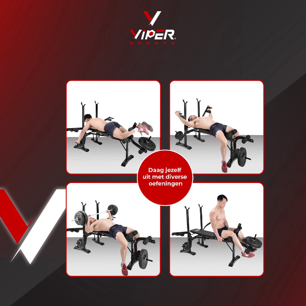 Viper Sports halterbank – Fitnessbank – Verstelbare rugleuning – Uiterst geschikt voor gewichten – Incl. Beenhouder – Zachte handgrepen – PU kussens – Triangel structuur – Inklapbaar - Zwart - 182x116x112cm