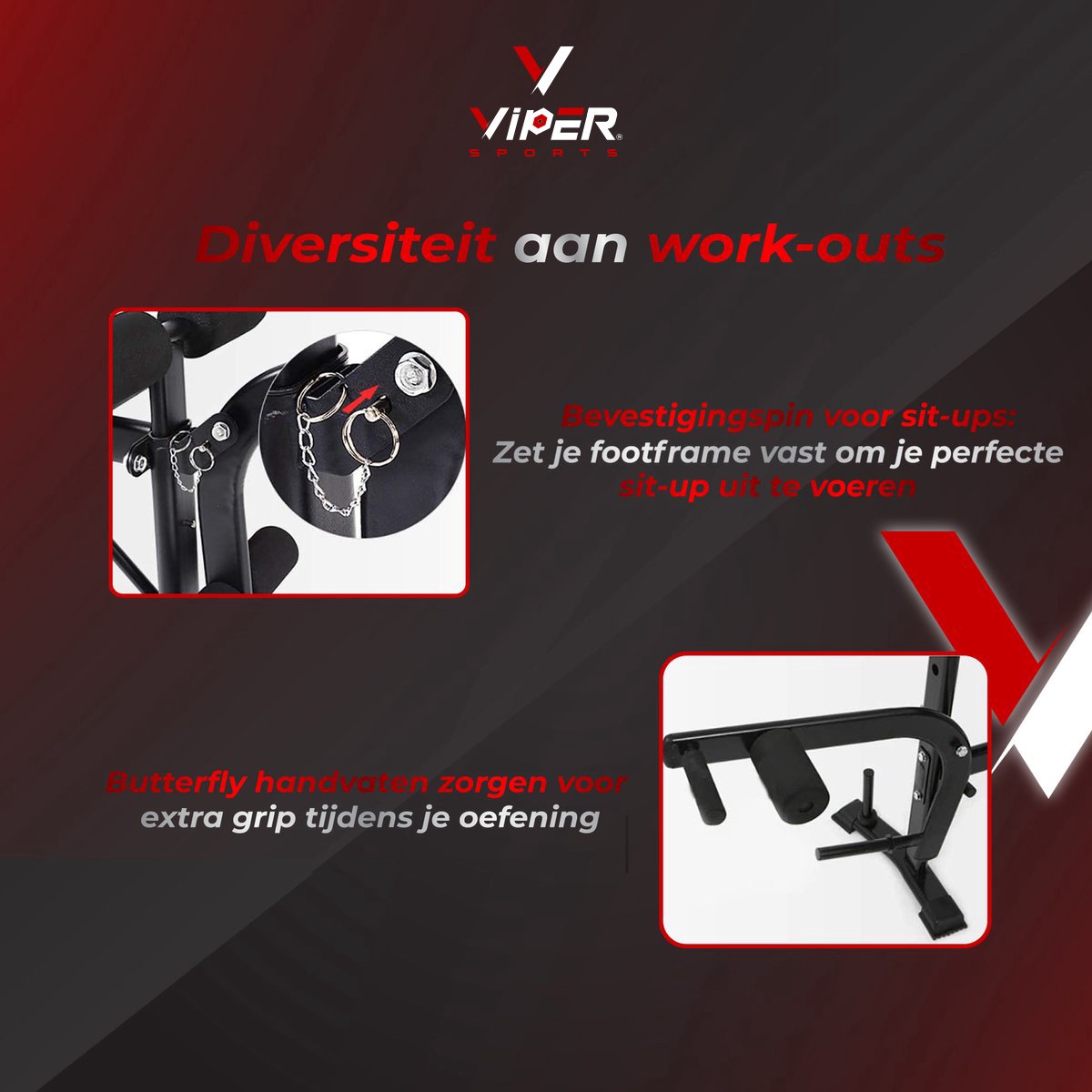 Viper Sports halterbank – Fitnessbank – Verstelbare rugleuning – Uiterst geschikt voor gewichten – Incl. Beenhouder – Zachte handgrepen – PU kussens – Triangel structuur – Inklapbaar - Zwart - 182x116x112cm
