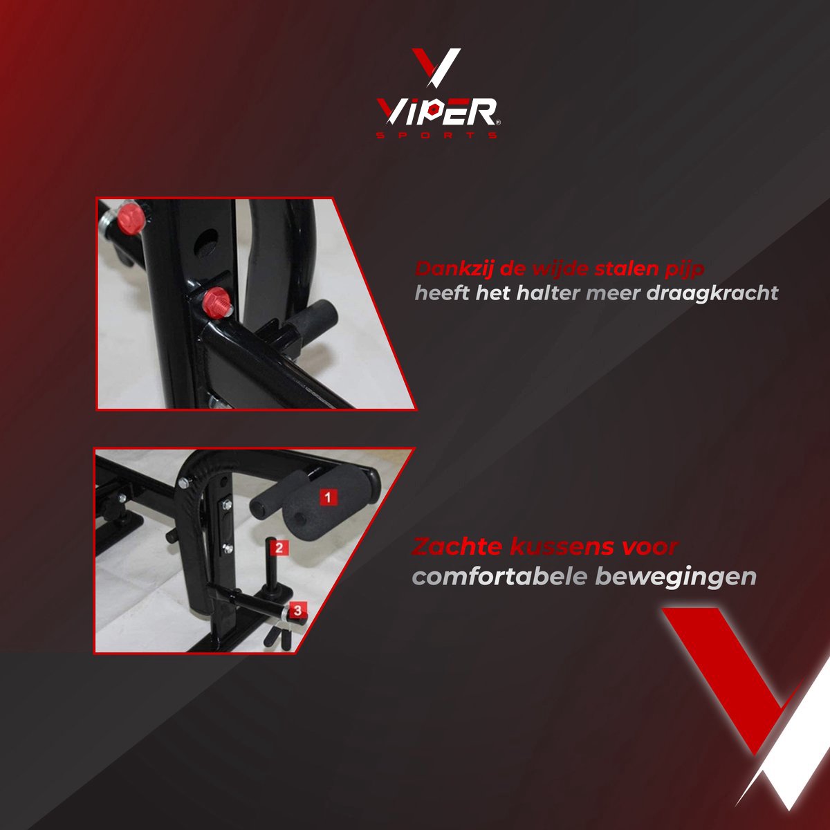 Viper Sports halterbank – Fitnessbank – Verstelbare rugleuning – Uiterst geschikt voor gewichten – Incl. Beenhouder – Zachte handgrepen – PU kussens – Triangel structuur – Inklapbaar - Zwart - 182x116x112cm