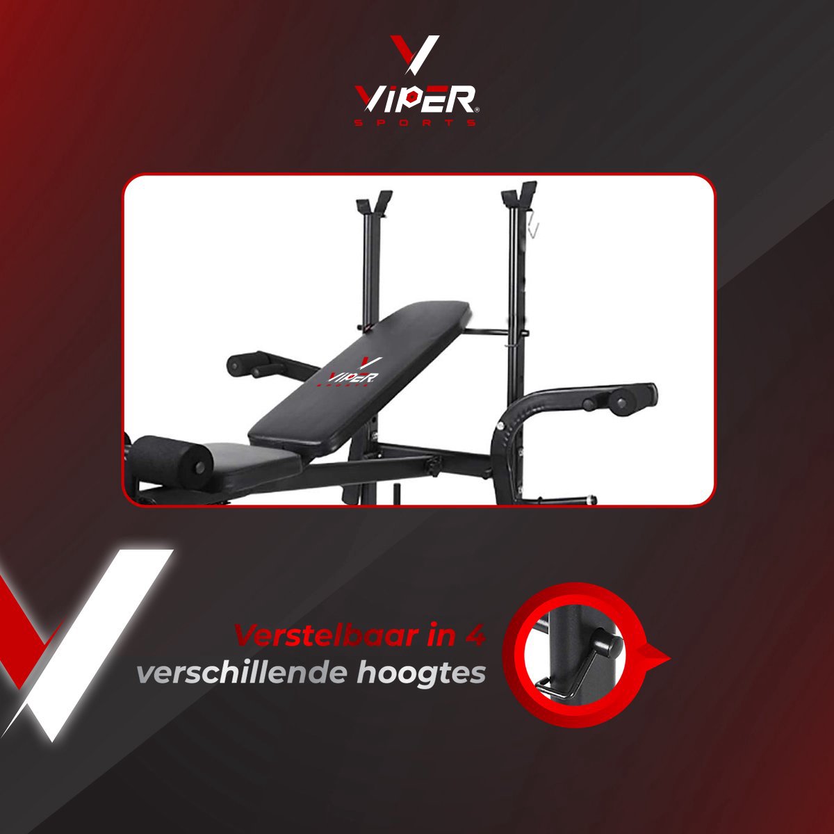 Viper Sports halterbank – Fitnessbank – Verstelbare rugleuning – Uiterst geschikt voor gewichten – Incl. Beenhouder – Zachte handgrepen – PU kussens – Triangel structuur – Inklapbaar - Zwart - 182x116x112cm
