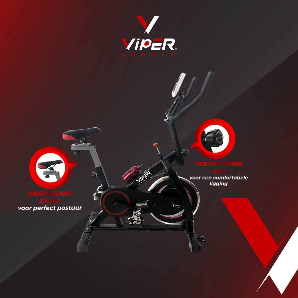 Viper Sports ZeusBike – Spinning – 98 x 49 x 105 cm – Hometrainer – Met computer – Inclusief bidon – Zwart/Rood