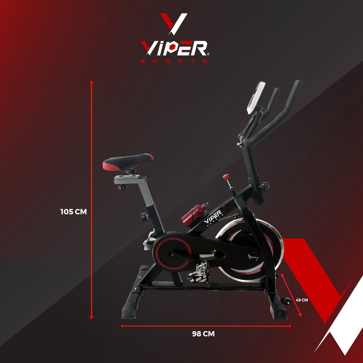 Viper Sports ZeusBike – Spinning – 98 x 49 x 105 cm – Hometrainer – Met computer – Inclusief bidon – Zwart/Rood