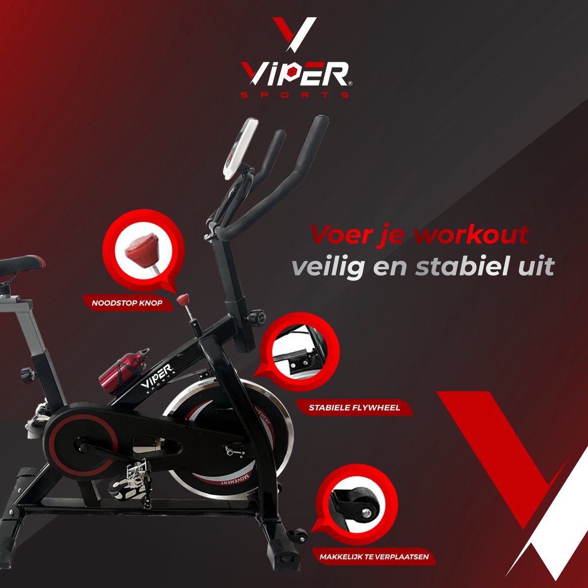 Viper Sports ZeusBike – Spinning – 98 x 49 x 105 cm – Hometrainer – Met computer – Inclusief bidon – Zwart/Rood