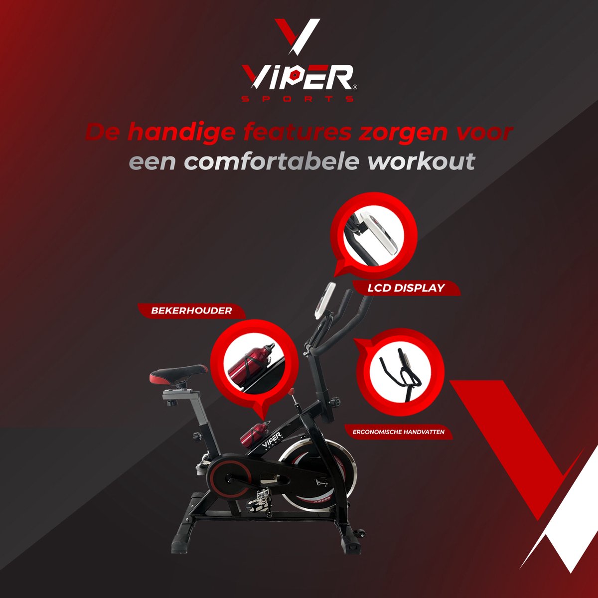 Viper Sports ZeusBike – Spinning – 98 x 49 x 105 cm – Hometrainer – Met computer – Inclusief bidon – Zwart/Rood