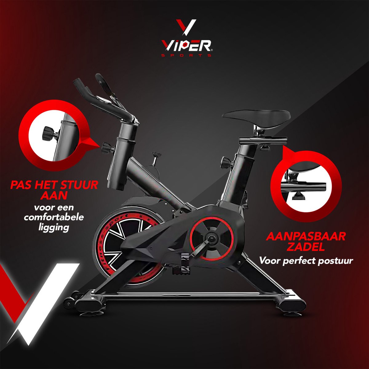 Viper Sports Hometrainer fiets – Hometrainer Fitness - Professionele indoor bike met lage instap – Hoge Stabiliteit – V-snaar aandrijving – Tot 175cm en 150kg – Zwart/Rood