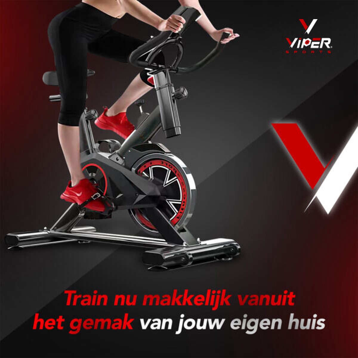 Viper Sports Hometrainer fiets – Hometrainer Fitness - Professionele indoor bike met lage instap – Hoge Stabiliteit – V-snaar aandrijving – Tot 175cm en 150kg – Zwart/Rood