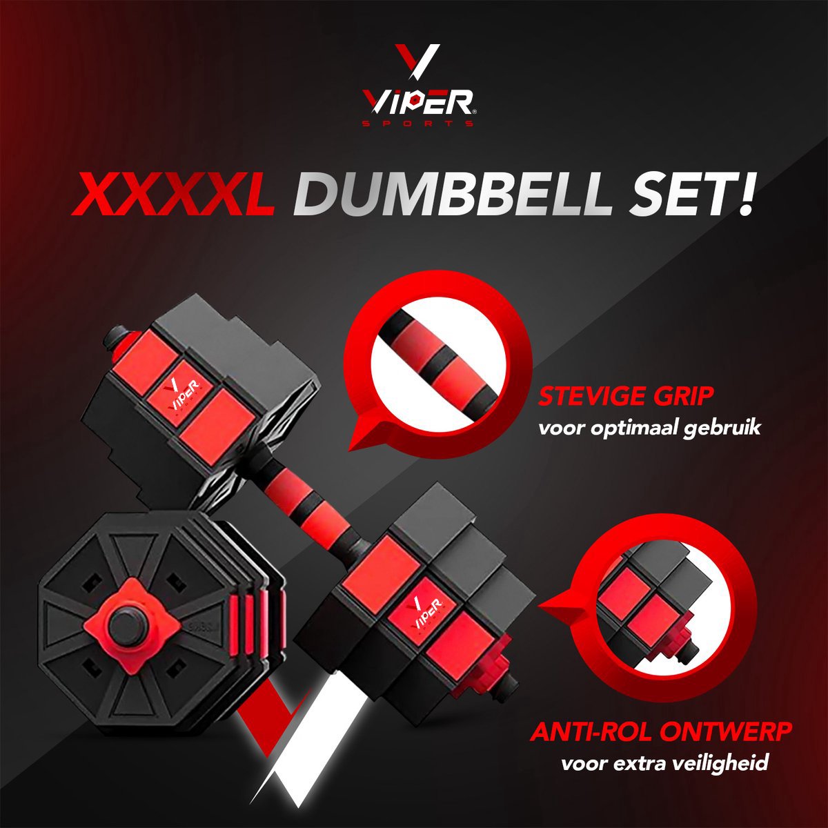 Viper Sports Adjustable Dumbbell set up to 30kg – Dumbbell set – Professional 2-in-1 Dumbbell set with weights – Strength training – User-friendly Fitness Barbell – Red