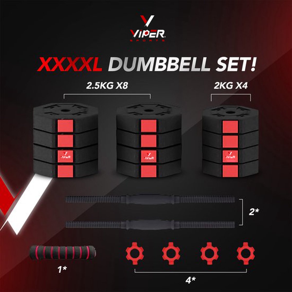 Viper Sports Adjustable Dumbbell set up to 30kg – Dumbbell set – Professional 2-in-1 Dumbbell set with weights – Strength training – User-friendly Fitness Barbell – Red