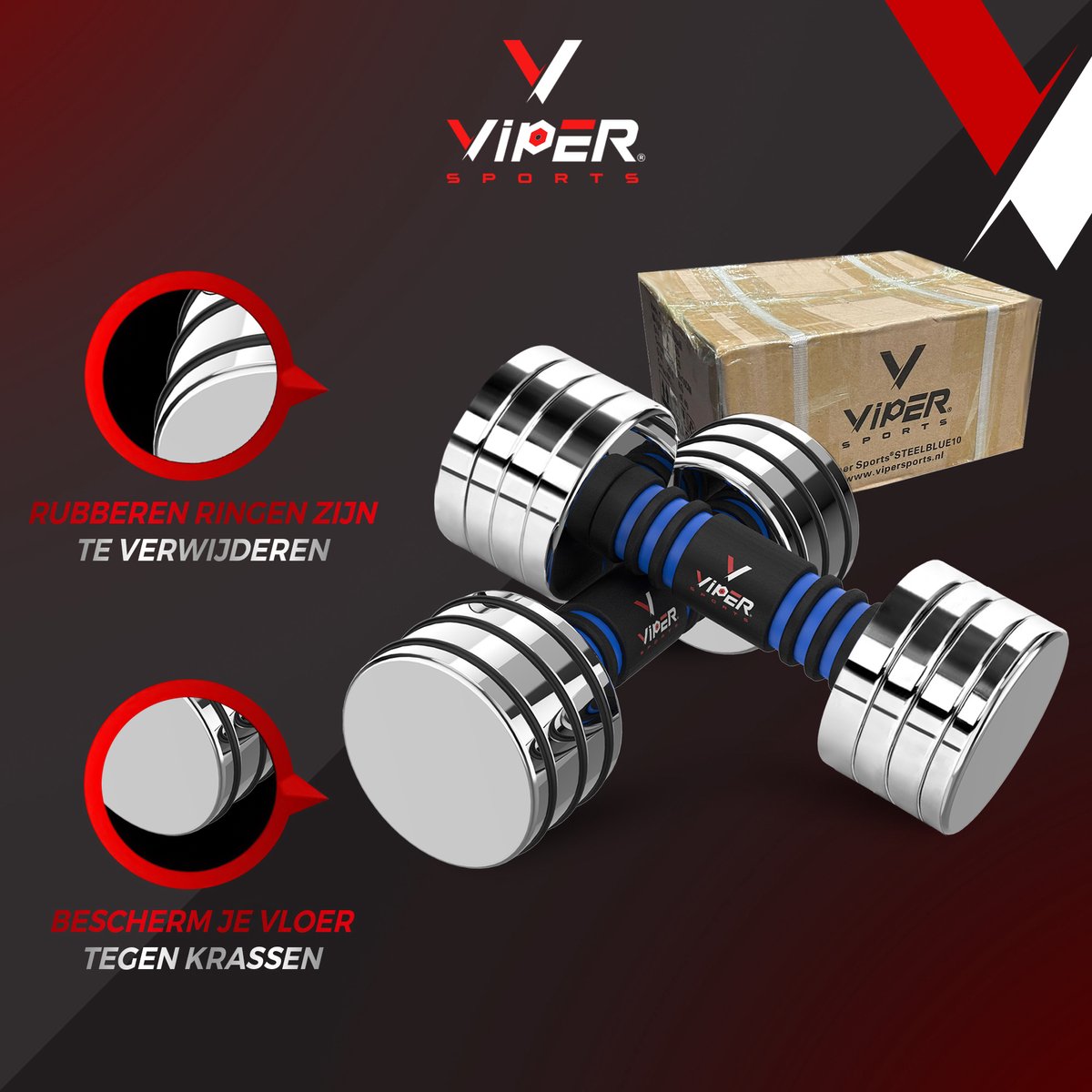 Viper Sports Verstelbare Gewichten 2 x 10 kg – Dumbbells – Dumbbellset – Antislip – Mirror Finish – RVS/Foam – Steel Blue