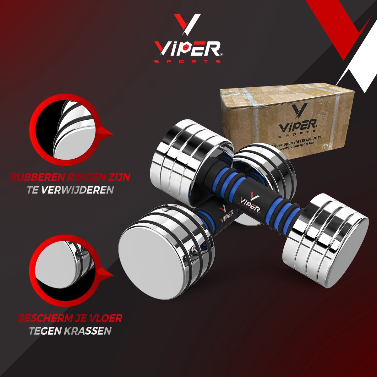 Viper Sports Verstelbaar gewicht 15 kg – Dumbbells – Antislip – Mirror finish – RVS/Foam – Steel Blue – 1 stuk