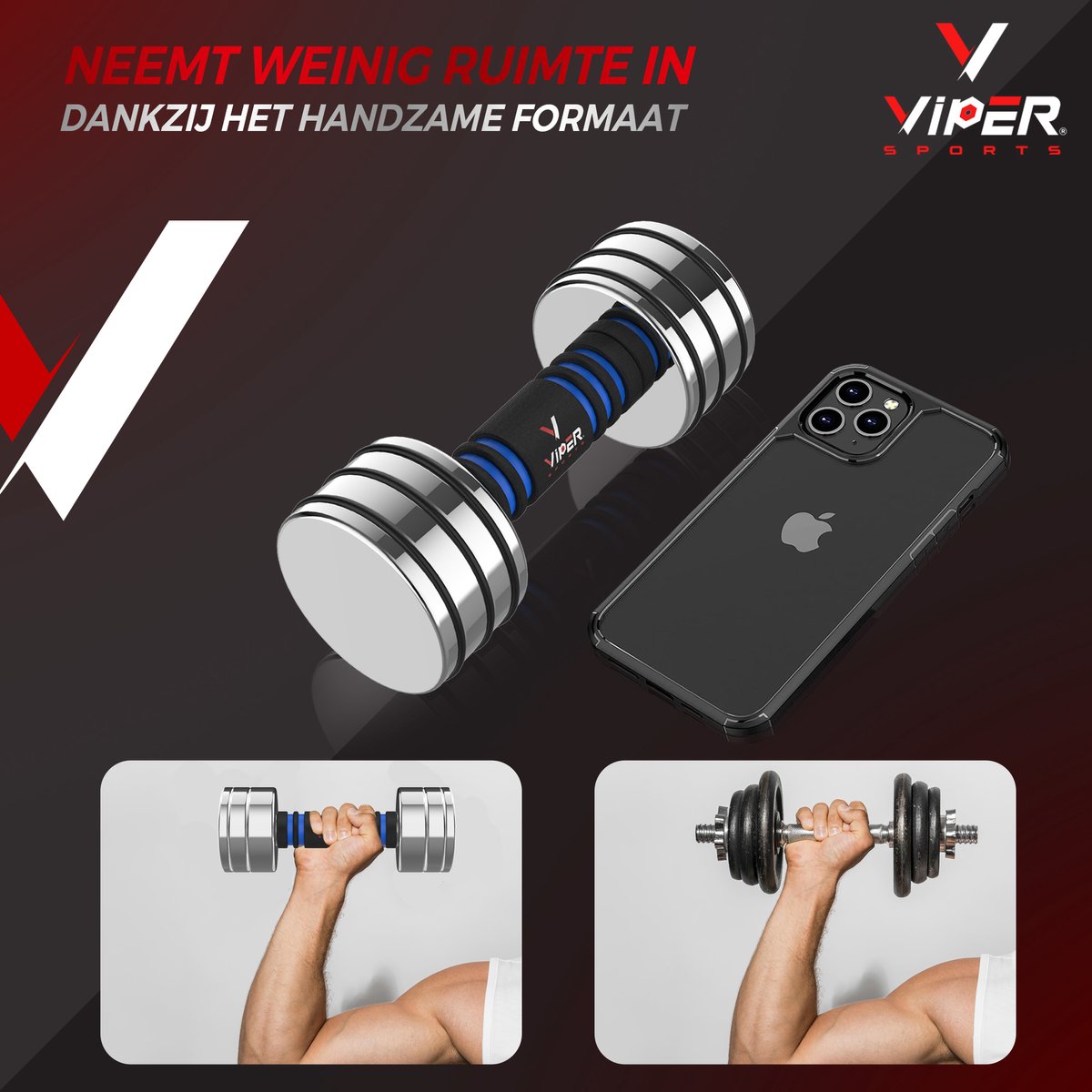 Viper Sports Verstelbaar gewicht 22 kg – Dumbbells – Antislip – Hoogglans - RVS/Foam – Steel Blue - 1 Stuk