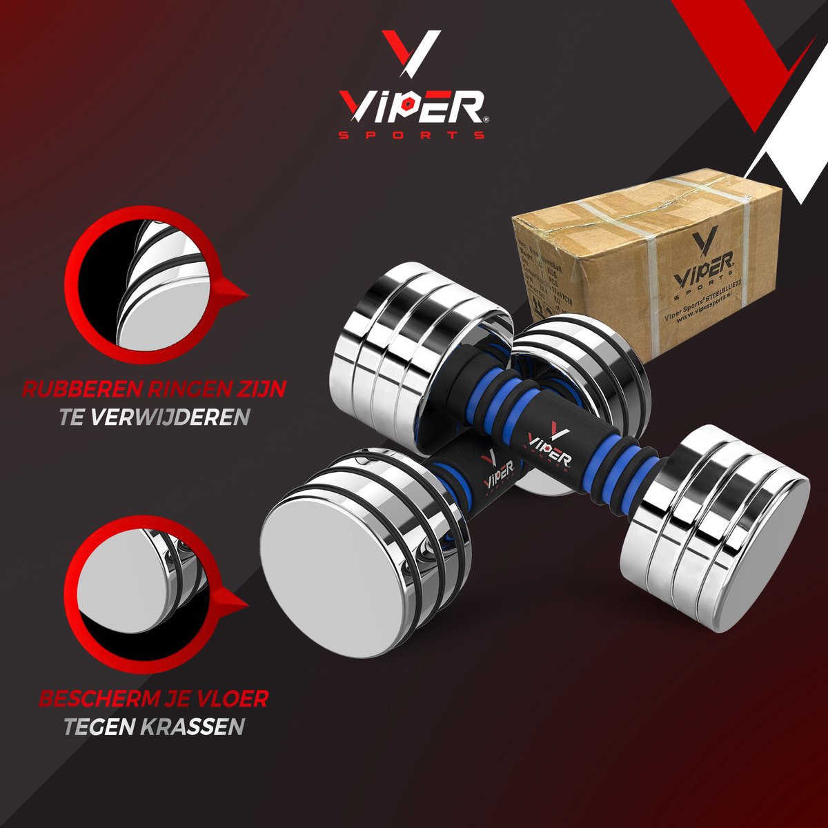 Viper Sports Verstelbaar gewicht 22 kg – Dumbbells – Antislip – Hoogglans - RVS/Foam – Steel Blue - 1 Stuk