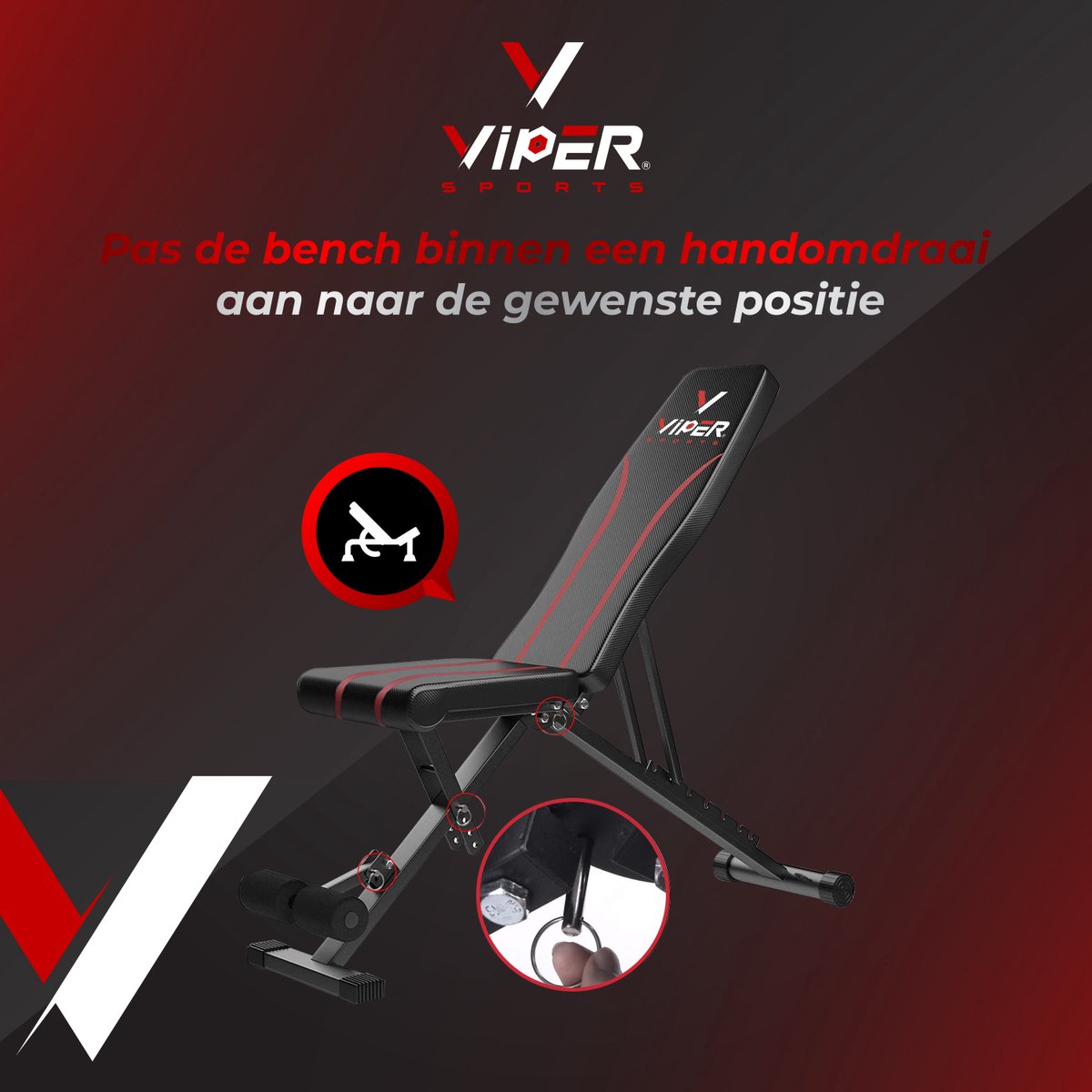 Viper Sports Viper Bench – Halterbank – Trainingsbank – Fitnessbank – Bench Press – Verstelbaar - 93 x 110 x 31 cm – Zwart/Rood