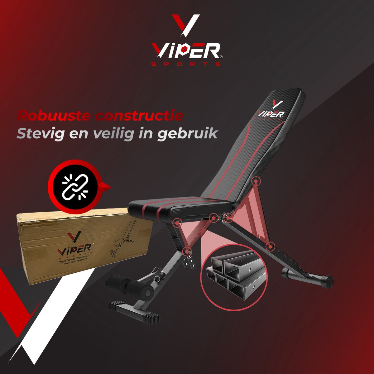Viper Sports Viper Bench – Halterbank – Trainingsbank – Fitnessbank – Bench Press – Verstelbaar - 93 x 110 x 31 cm – Zwart/Rood