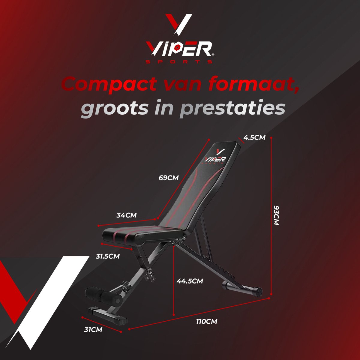 Viper Sports Viper Bench – Halterbank – Trainingsbank – Fitnessbank – Bench Press – Verstelbaar - 93 x 110 x 31 cm – Zwart/Rood