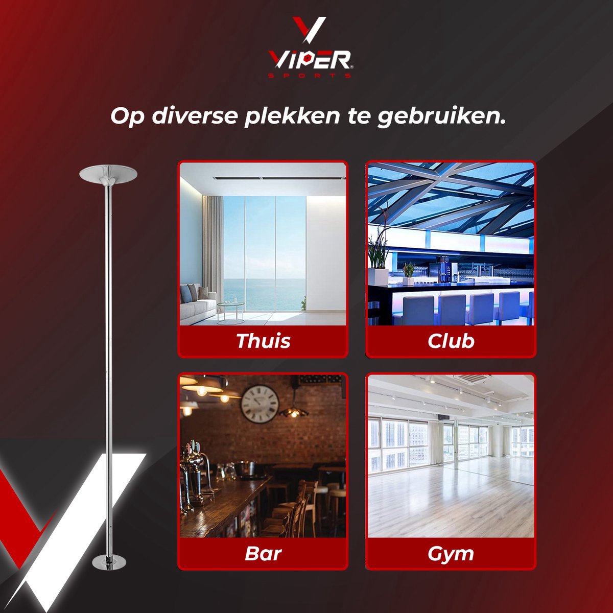 Viper Sports® DANCE POLE – Verstelbare danspaal – Dance Pole – 275 cm hoog – 2 standen – Siliconen pad – Zilver