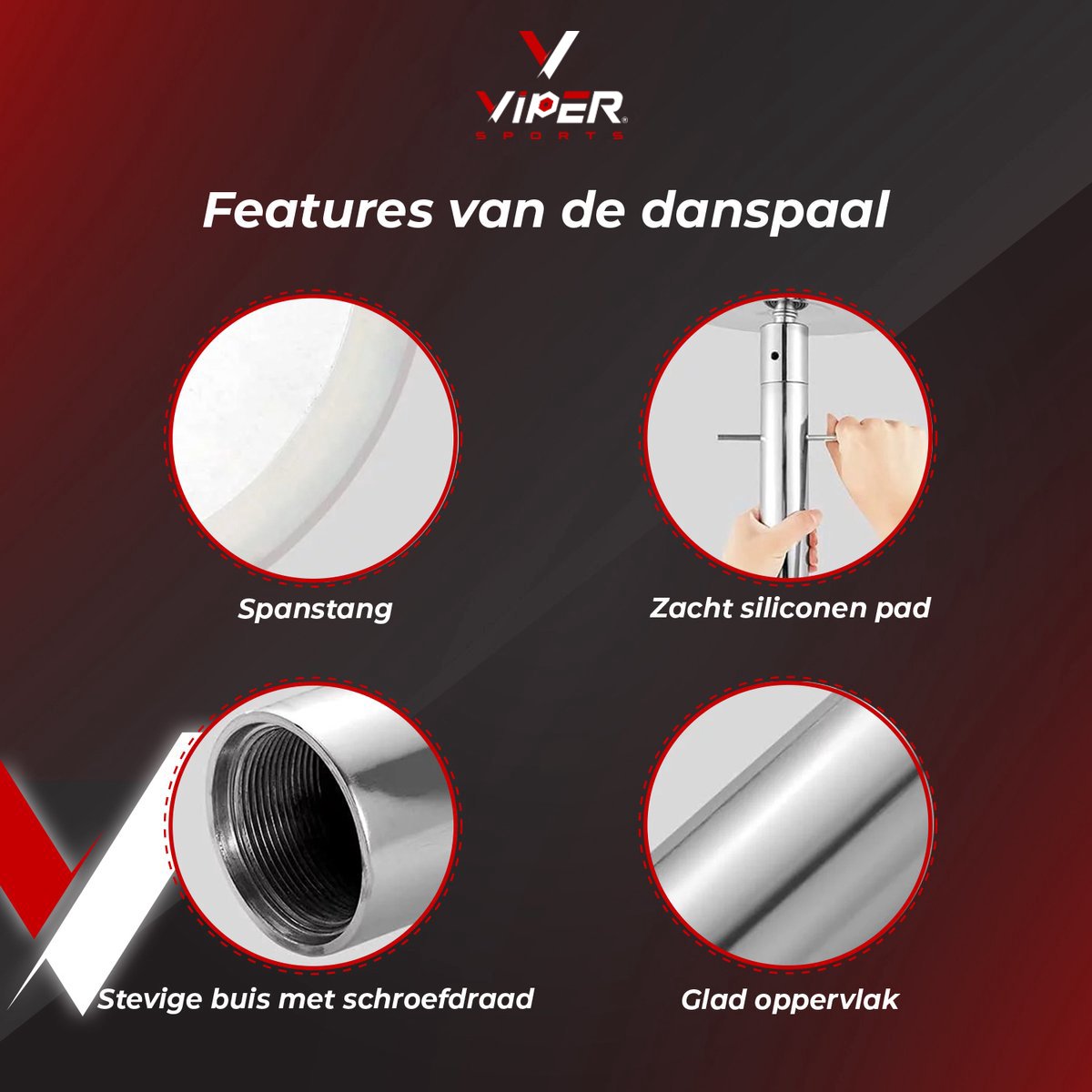 Viper Sports® DANCE POLE – Verstelbare danspaal – Dance Pole – 275 cm hoog – 2 standen – Siliconen pad – Zilver