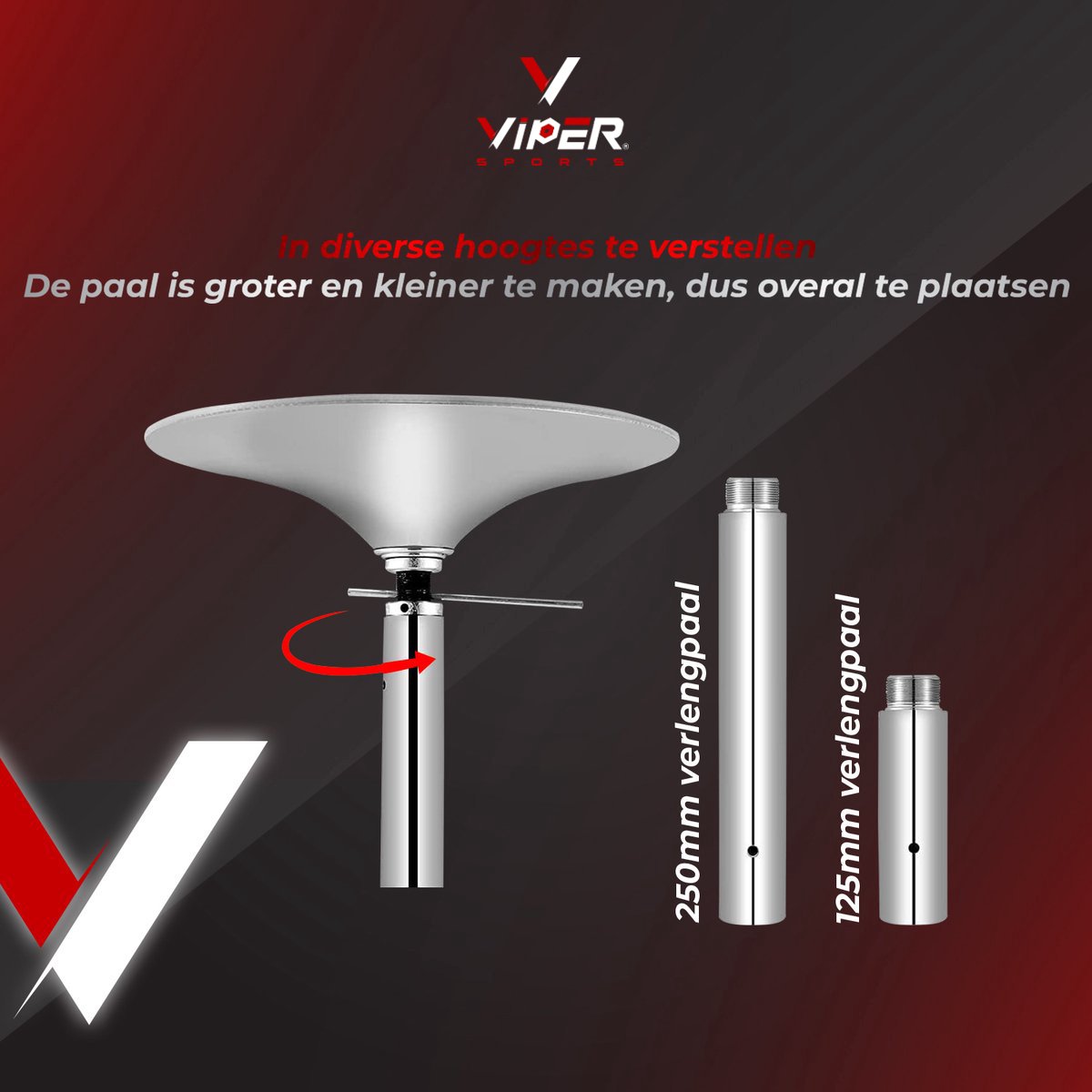 Viper Sports® DANCE POLE – Verstelbare danspaal – Dance Pole – 275 cm hoog – 2 standen – Siliconen pad – Zilver