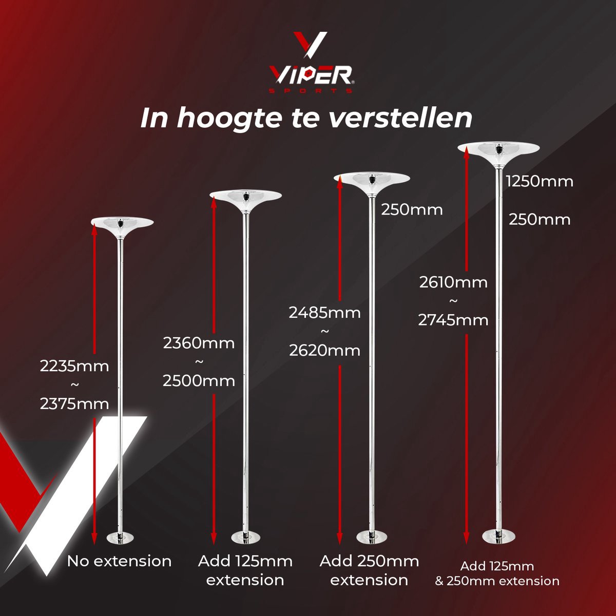 Viper Sports® DANCE POLE – Verstelbare danspaal – Dance Pole – 275 cm hoog – 2 standen – Siliconen pad – Zilver