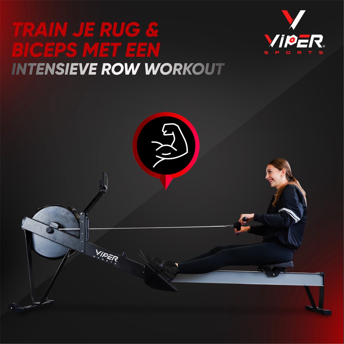 Viper Sports ViperRow – Roeitrainer – 238 x 65 x 112 cm – Roeimachine – Windweerstand - Opvouwbaar - 10 Niveaus - Zwart/Zilver