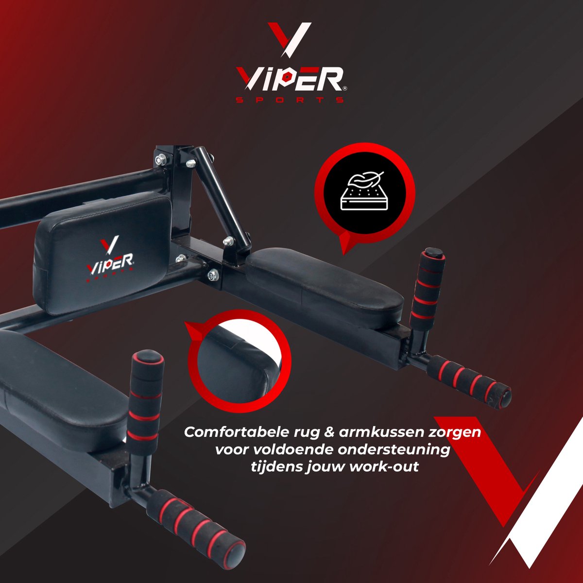 Viper Sports PullPower – Optrekstang – Rug- & Armkussen – Antislip – Tot 120 kg – Metaal – Zwart/Rood