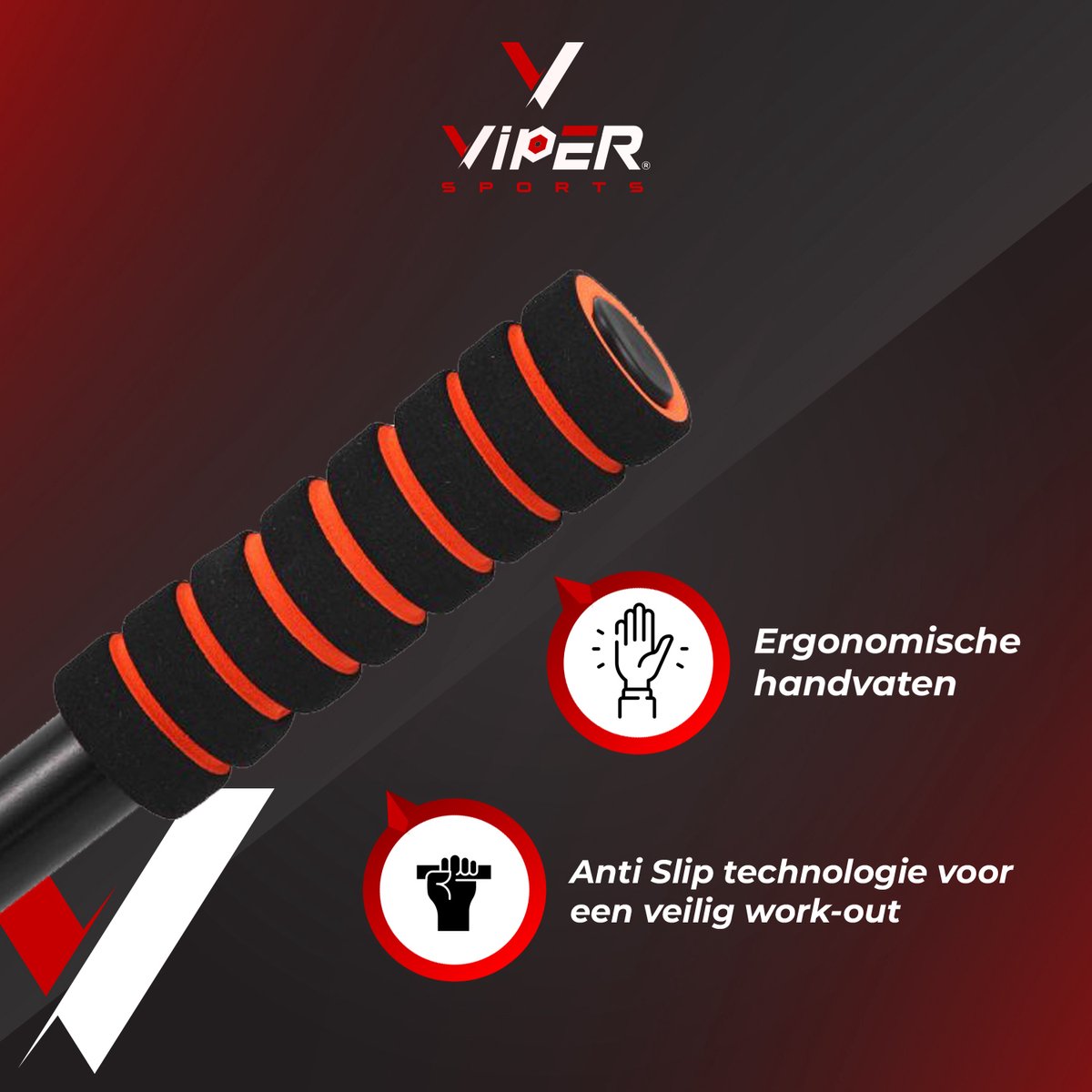 Viper Sports PullPower – Optrekstang – Rug- & Armkussen – Antislip – Tot 120 kg – Metaal – Zwart/Rood