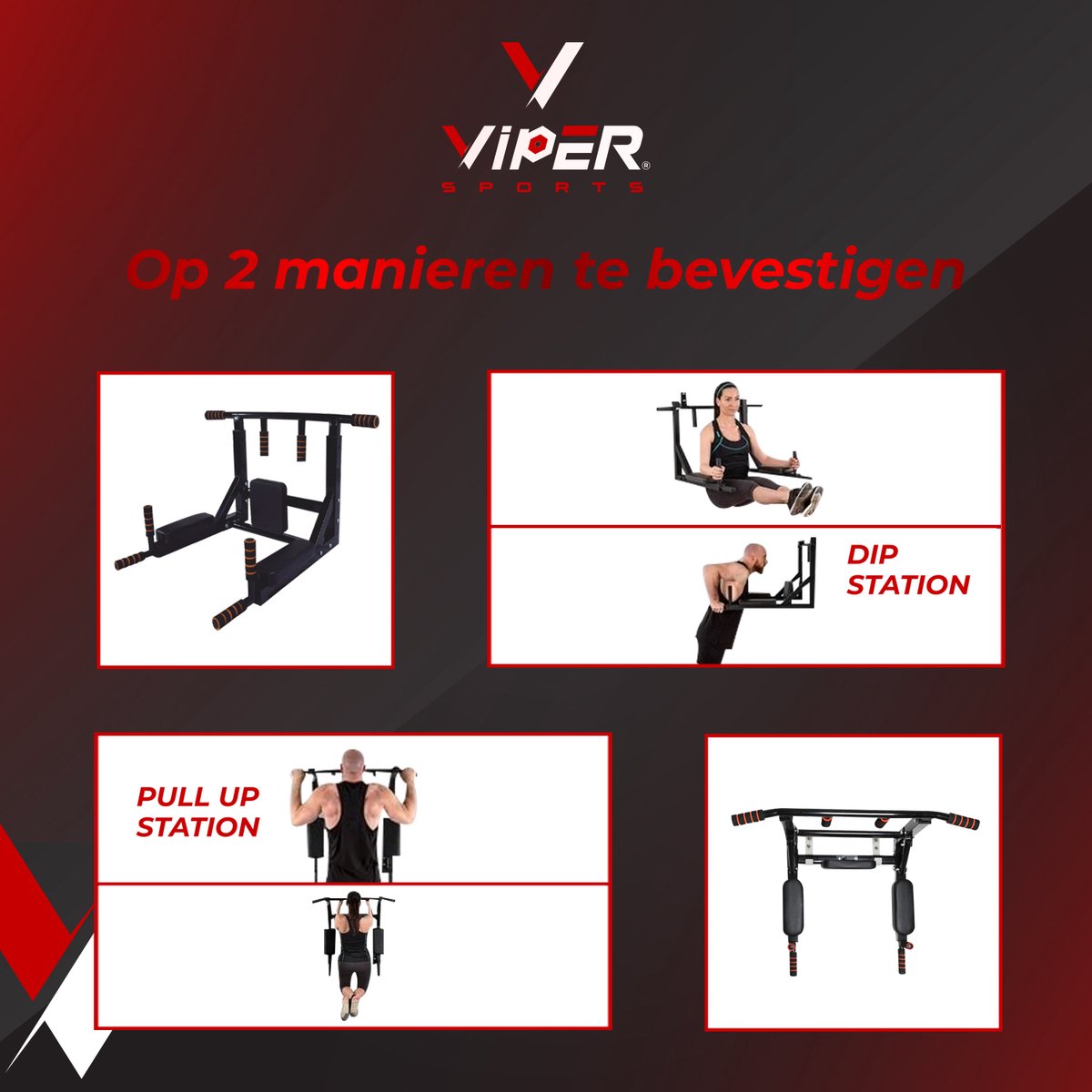 Viper Sports PullPower – Optrekstang – Rug- & Armkussen – Antislip – Tot 120 kg – Metaal – Zwart/Rood