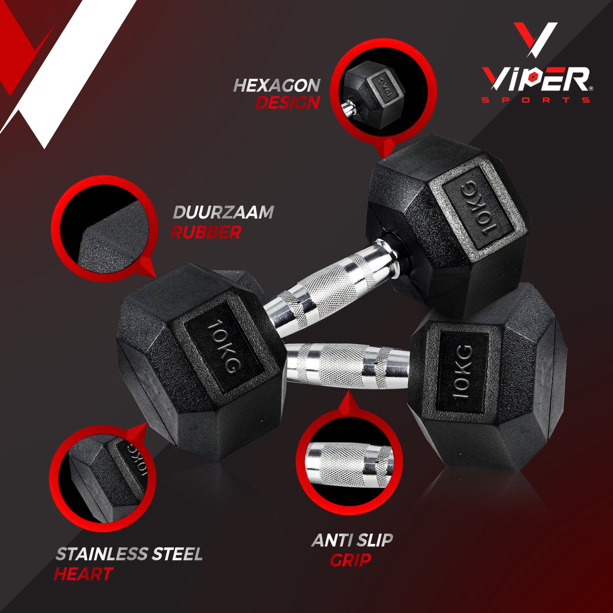 Viper Sports IJzer Zwarte Gewichten 2 x 10 kg – Dumbbells – Dumbbellset – Antislip – Zeshoekig design – Hexagon-Design - RVS/Rubber – Zilver/Zwart