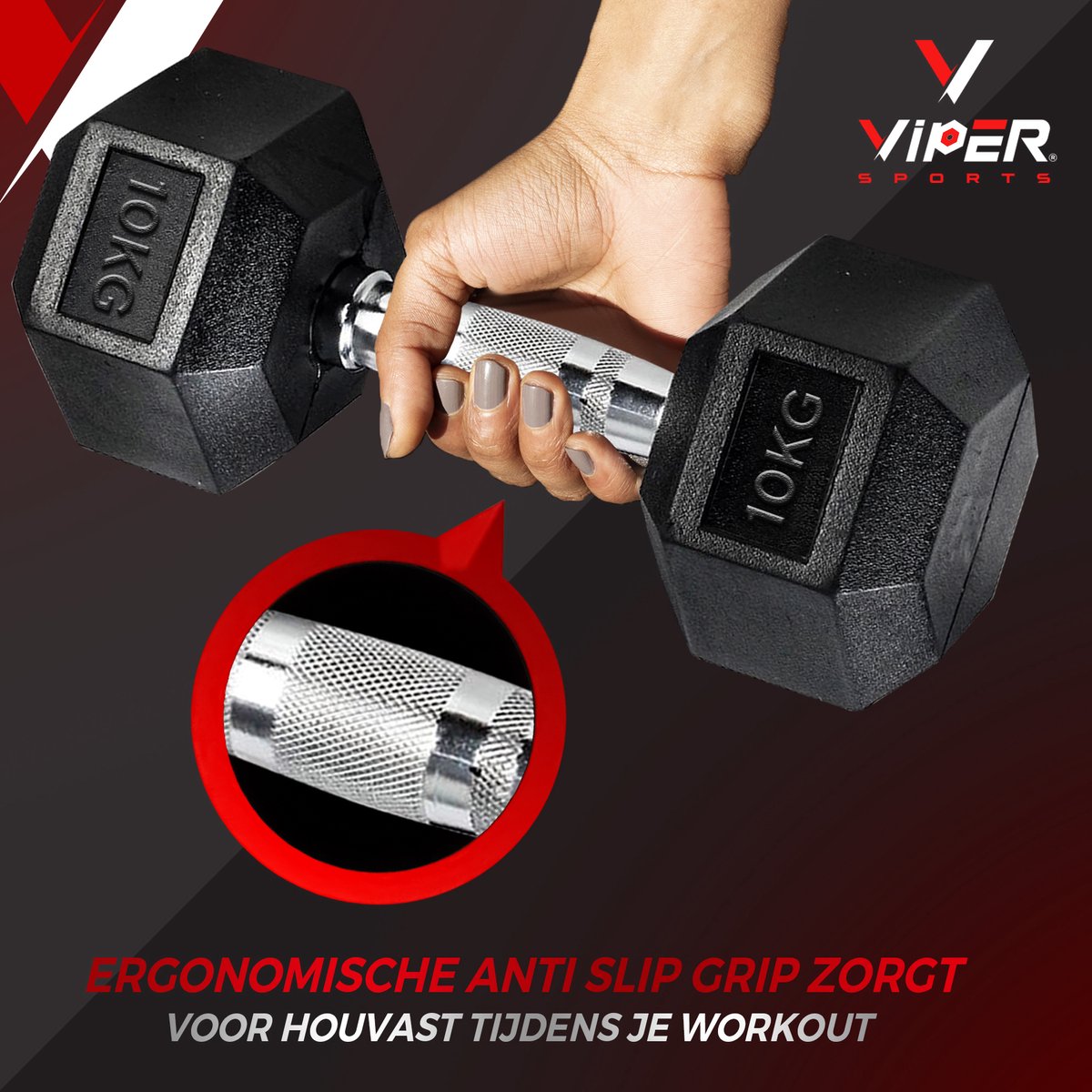 Viper Sports IJzer Zwarte Gewichten 2 x 10 kg – Dumbbells – Dumbbellset – Antislip – Zeshoekig design – Hexagon-Design - RVS/Rubber – Zilver/Zwart