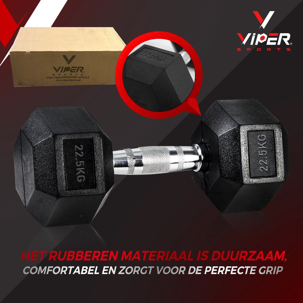 Viper Sports IJzer Zwart Gewicht 22.5 kg – Dumbbells – Antislip – Zeshoekig ontwerp – Hexagon-Design - RVS/Rubber – Zilver/Zwart - 1 Stuk